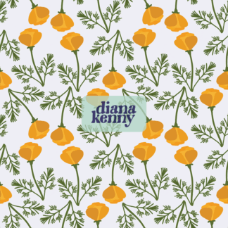 California Poppy Seamless Pattern shows whimsically placed orange flowers with thin green stems and hand like 2 leaves on either side, at the bottom of each flower stem.