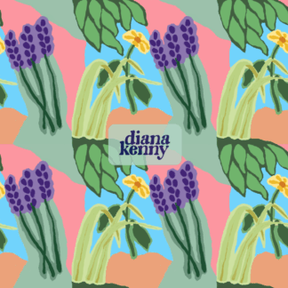 Modern Garden digital paper seamless pattern download image shows repeating garden scene with yellow daisy and purple lupine, grass and overhanging leaves.