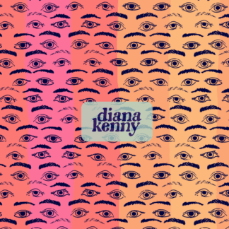 Eyes seamless pattern digital paper shows realistic line drawings of eyes on fun pink yellow and orange vertical rainbow background