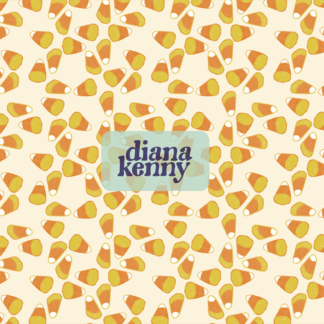 Candy Corn seamless pattern shows chalky rendered hand drawn candy corns with yellow heads, orange middles and white tips.