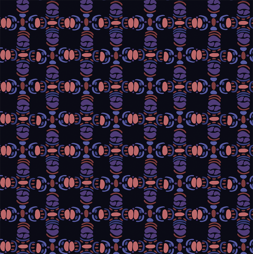 psychedelic seamless pattern inspired by black light effect shows organic shapes arranged in narrow stacks, overlapping on black background