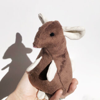 rat plush with brown minky fur and canvas ears, hands, tail and feet.